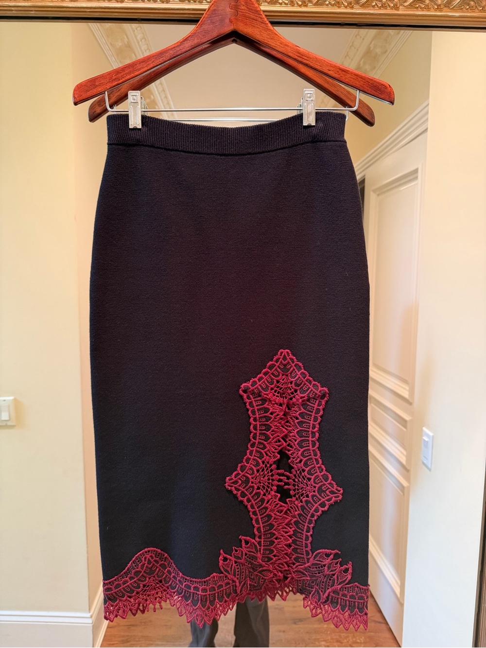 Jonathan Simkhai Black Wool Knit Midi Skirt with Burgundy Lace Trim and Slit